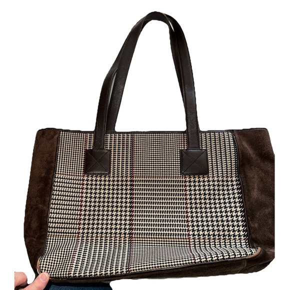 Vintage Lauren Ralph Lauren Brown Suede Leather Tote Bag  Houndstooth Plaid Y2K - Picture 2 of 16